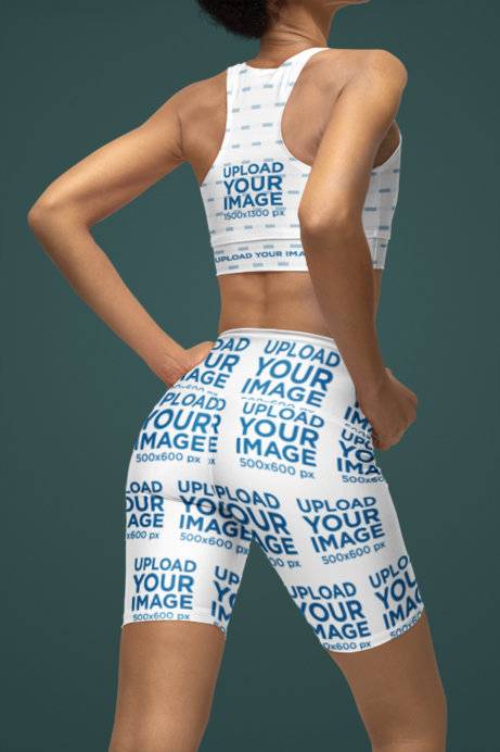 Back-View Mockup of a Cropped-Face Woman Wearing Fully Lined Sports Bra and Yoga Shorts