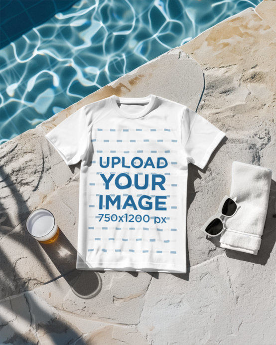Mockup of an AI-Generated Round-Neck T-Shirt Lying on the Floor With a Beer Near a Pool
