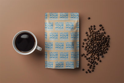 Mockup of an AI-Generated Coffee Bag Placed in the Middle of a Coffee Cup and Coffee Beans m40388