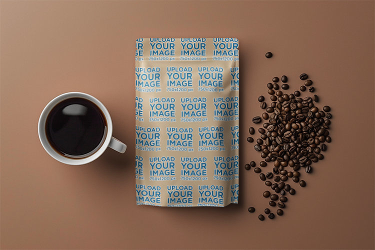 Mockup of an AI-Generated Coffee Bag Placed in the Middle of a Coffee Cup and Coffee Beans