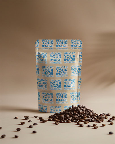 Print-Themed Mockup Featuring an AI-Created Coffee Bag Placed Next to a Bunch of Coffee Beans m40397