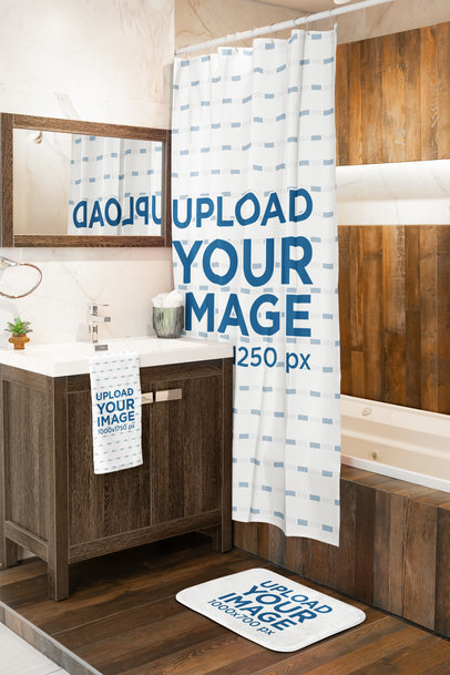 Mockup of a Bathroom With a Shower Curtain Featuring a Bath Mat and a Hand Towel m40721