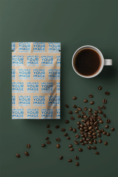 Mockup of an AI-Generated Sublimated Coffee Bag Featuring a Coffee Cup With Coffee Beans m40390