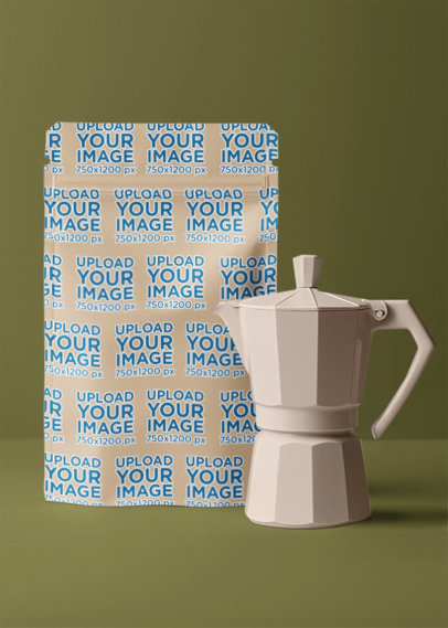 Mockup of an AI-Generated Coffee Bag Placed With a Coffee Pot m40394
