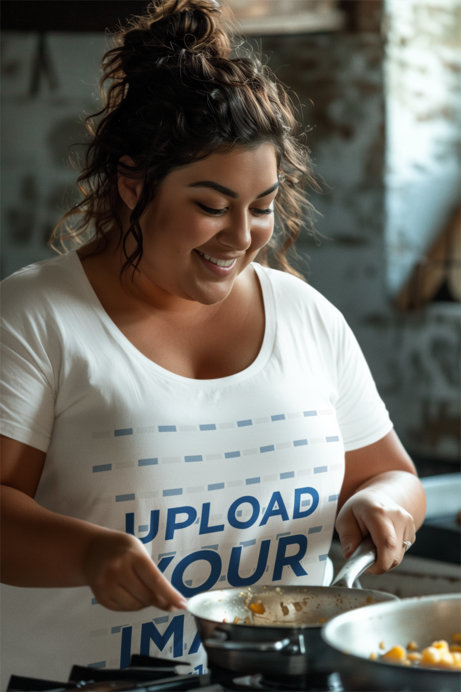 T-Shirt Mockup Featuring a Cheerful AI-Generated Woman Cooking a Meal