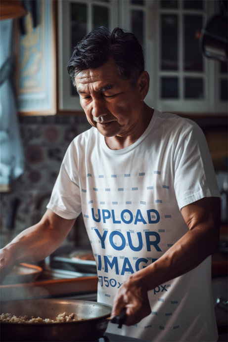 AI-Created Mockup of a Senior Man Wearing a T-Shirt While Cooking