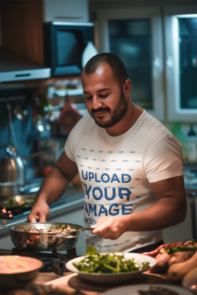 T-Shirt Mockup of an AI-Created Smiling Man Cooking in a Kitchen m40133