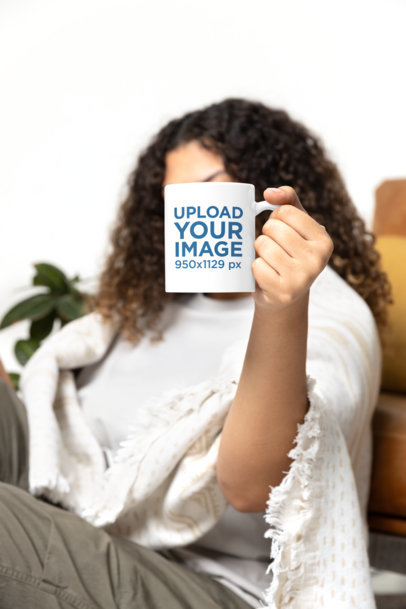 Mockup of a Woman Covering Her Face With a Sublimated Coffee Mug m40266