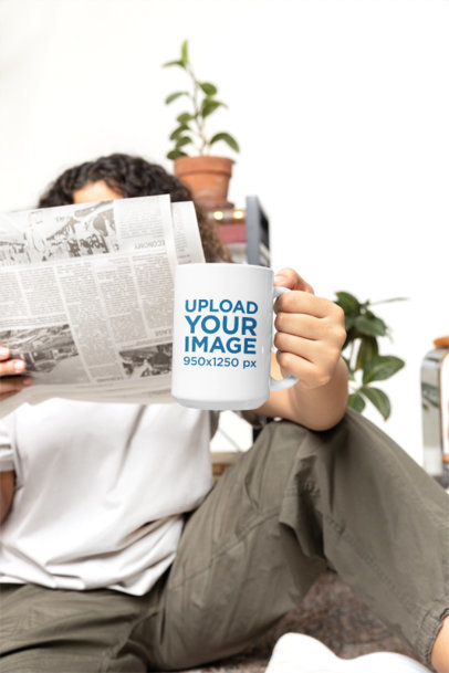 15 Oz Coffee Mug Mockup of a Woman Reading the Newspaper m40267