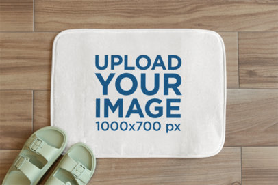 Bath Mat Mockup Featuring a Wooden Floor and a Pair of Sandals m40715