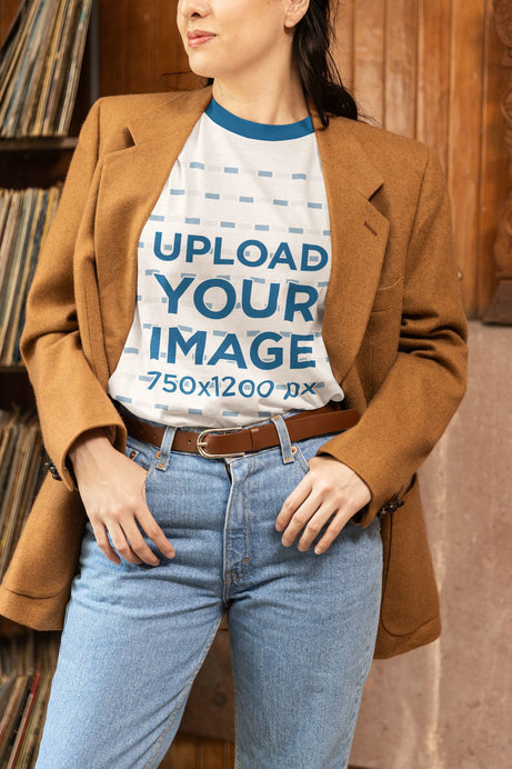 Ringer T-Shirt Mockup of a Woman Wearing a Grandpacore-Inspired Outfit
