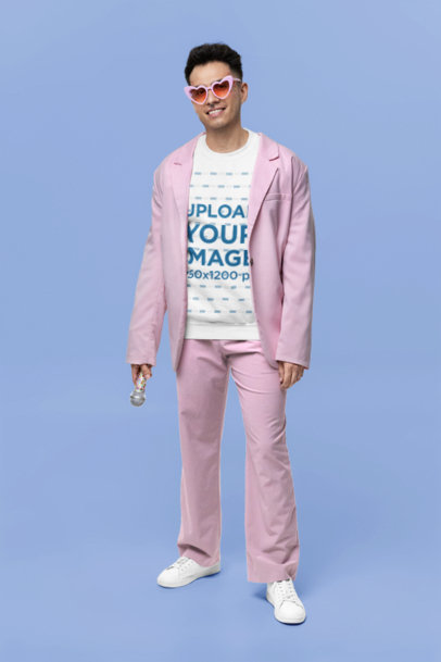 Gildan Sweatshirt Mockup Featuring a Smiling Man With a Shiny Mic and a Swift Fandom-Inspired Outfit