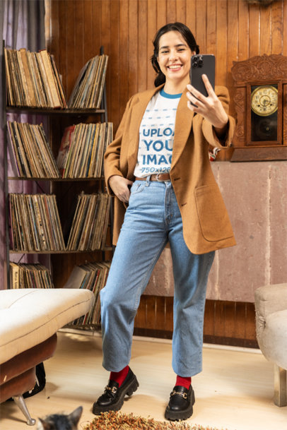 Ringer T-Shirt Mockup of a Woman Taking a Selfie with a Grandpacore-Style Outfit m40655