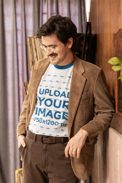 Grandpacore-Inspired Mockup of a Man with Glasses and a Mustache Wearing a Ringer Tee m40646