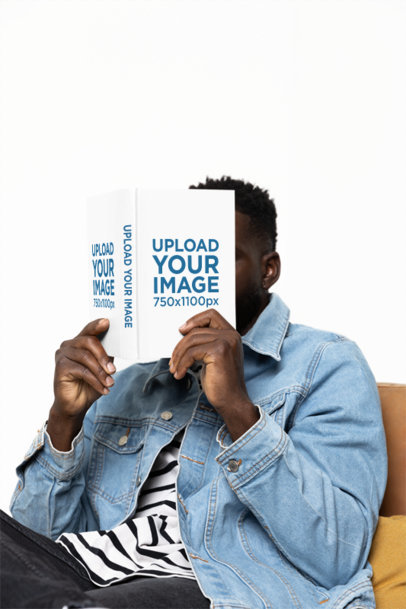 Hardcover Book Mockup Featuring a Man in a Denim Jacket Covering His Face m40283