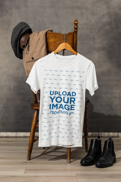 Vintage-Themed Mockup of a Bella Canvas Round-Neck T-Shirt Hanging on a Chair m39752