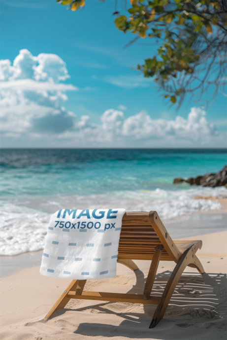 AI-Created Mockup Featuring a Towel Placed on a Chair at the Beach