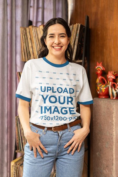 Grandpacore-Style Mockup of a Smiling Woman Wearing a Round-Neck Ringer Tee m40652