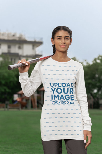 Bella Canvas Long Sleeve Tee Mockup of a Happy Female Cricket Player
