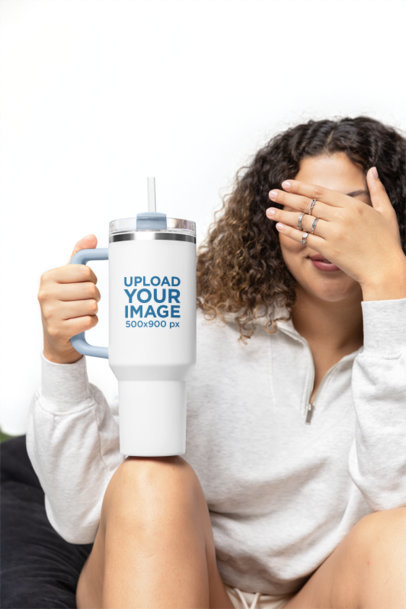 Stanley Tumbler Mockup Featuring a Woman Covering Her Face With Her Hand m40300