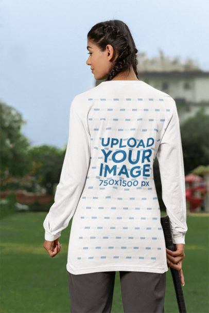 Back-View Long Sleeve Tee Mockup Featuring a Female Cricket Player 