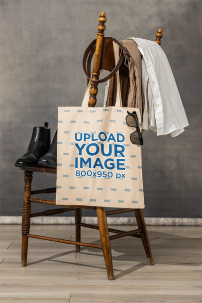 Vintage-Themed Mockup Featuring a Sublimated Tote Bag Hanging on a Chair m39783
