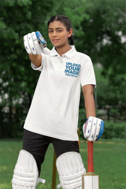 Polo Shirt Mockup Featuring a Woman Wearing a Cricket Uniform m39965