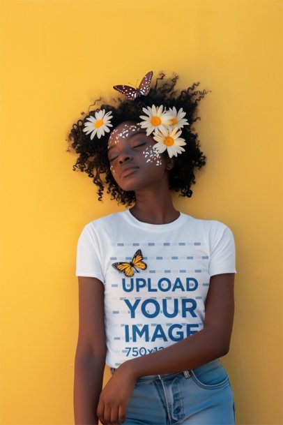 AI-Created Tee Mockup of a Woman with Curly Hair and Flowers on Her Head