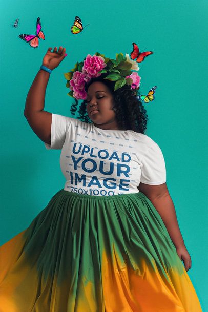 AI-Created T-Shirt Mockup of a Woman with Flowers and Butterflied on Her Head