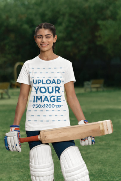 Crewneck Tee Mockup of a Happy Woman Holding a Cricket Bat m39976