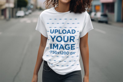 Round-Neck T-Shirt Mockup of an AI-Created Cropped-Face Curly-Haired Woman in the Street