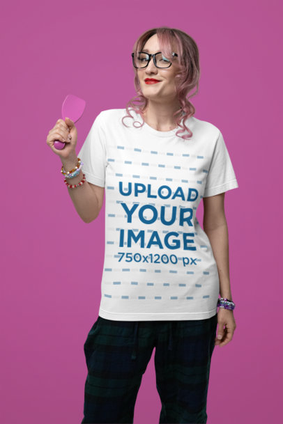 Bella Canvas T-Shirt Mockup of a Smiling Woman in a Swift Fandom-Inspired Look Using a Hairbrush