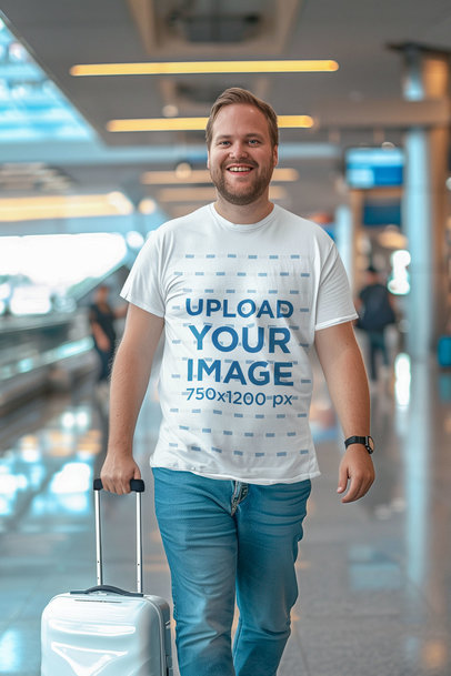 AI-Created Tee Mockup of a Happy Man Walking Through an Airport with His Suitcase