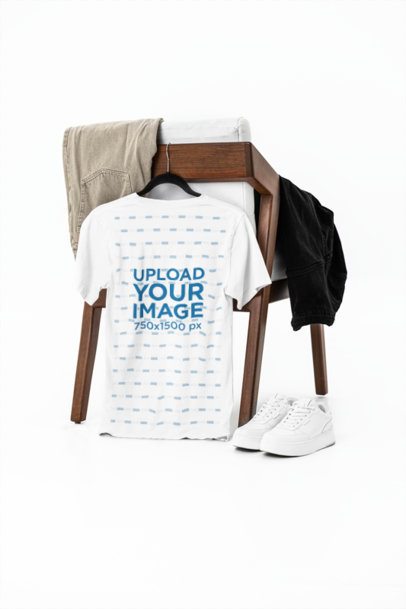Back-View Bella Canvas T-Shirt Mockup Featuring a Casual Outfit Placed on a Chair m39748