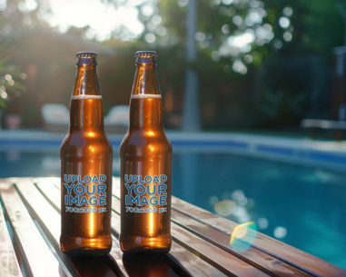 AI-Created Mockup Featuring Two Amber Beer Glass Bottles Near a Pool m40780