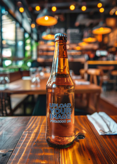 AI-Generated Mockup Featuring an Amber Beer Glass Bottle Placed on a Table in a Restaurant