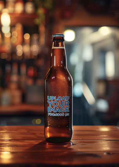 Mockup of an AI-Generated Amber Beer Glass Bottle Placed on a Wooden Table m40778