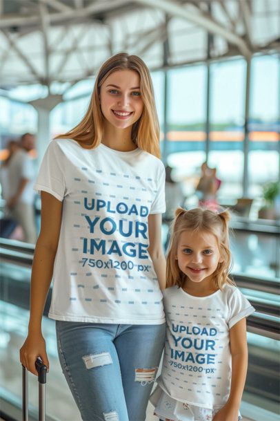 AI-Generated Mockup of a Mother and Her Daughter Wearing T-Shirts at an Airport