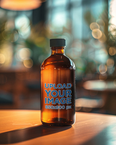 AI-Generated Mockup Featuring an Amber Glass Bottle Over a Wooden Table m40776