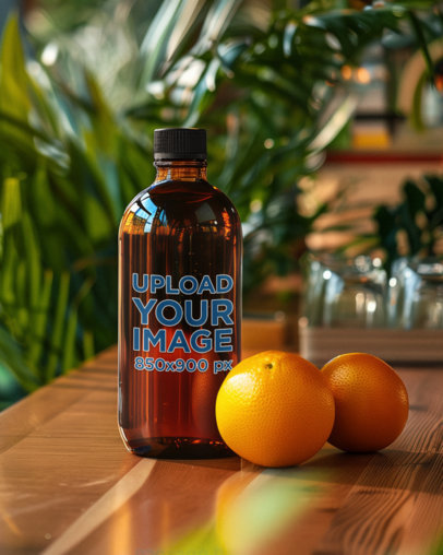 AI-Created Mockup Featuring a Glass Bottle Placed on a Wooden Table With Some Oranges m40783