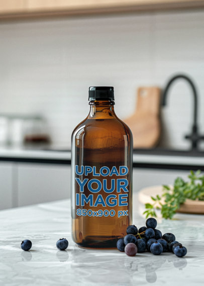 Amber Glass Bottle Mockup Featuring AI-Created Blueberries m40782