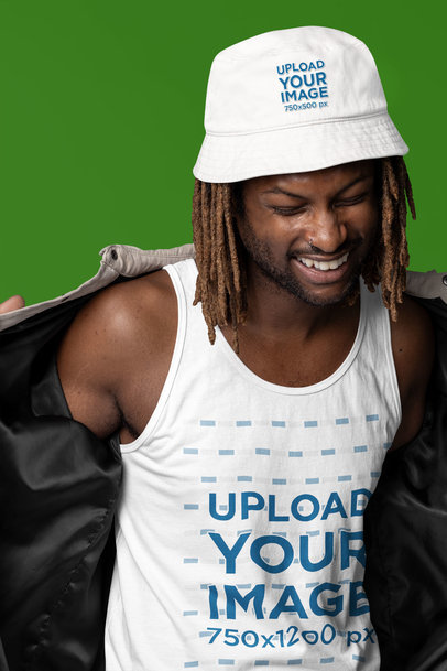 Bella Canvas Tank Top Mockup Featuring a Cheerful Man With an Embroidered Bucket Hat