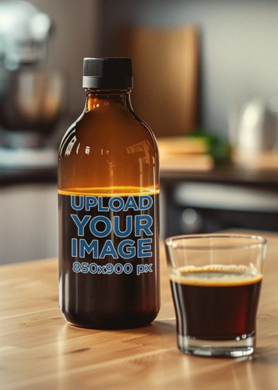 AI-Created Mockup Featuring An Amber Glass Bottle Filled With Espresso m40779