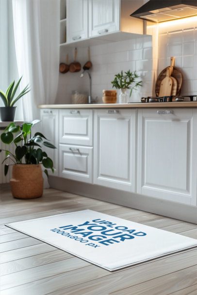 Home Decor Mockup of an AI-Generated Mat Placed on a Kitchen Wooden Floor m40764