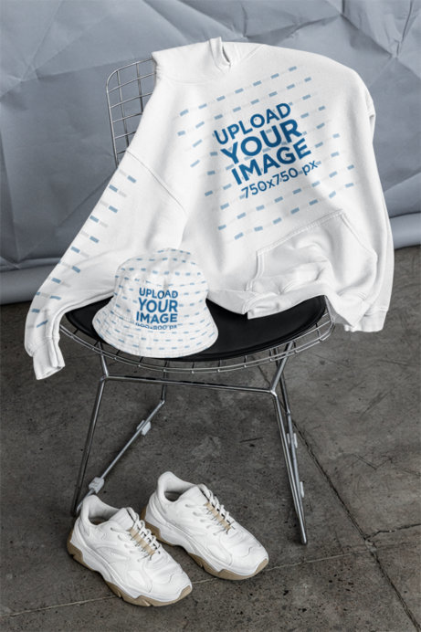 Mockup of a Gildan Pullover Hoodie With a Sublimated Bucket Hat Placed on a Chair