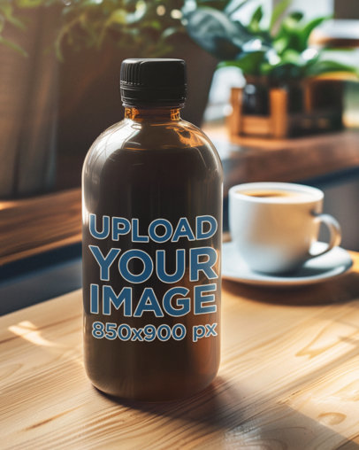 Mockup of an AI-Created Amber Glass Bottle Placed on a Wooden Table m40777