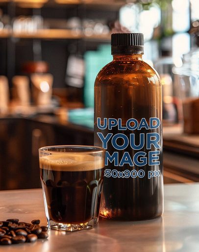 Amber Glass Bottle Mockup Featuring an AI-Created Shot of Espresso m40774