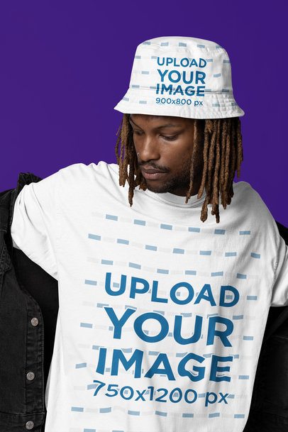 Bucket Hat Mockup of a Man in an Oversized T-Shirt Posing in a Studio