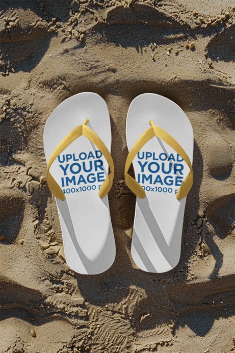 Flip Flops Mockup Featuring an AI-Created Sand-Themed Background