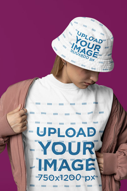 Oversized Round-Neck Tee Mockup of a Serious Woman Wearing a Sublimated Bucket Hat